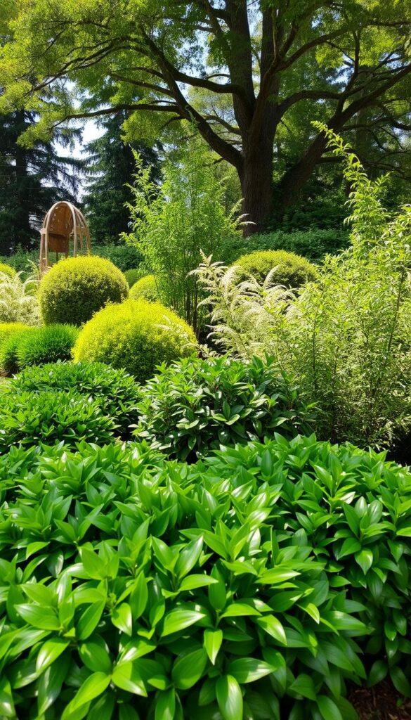 A lush, verdant garden scene showcasing a carefully curated selection of resilient, evergreen shrubs. In the foreground, dense clusters of glossy, deep green foliage cascade gracefully, their thick, hardy stems rooted firmly in the rich soil. The middle ground features a variety of shapes and textures, from rounded, compact bushes to tall, slender specimens with delicate, feathery leaves. Dappled sunlight filters through the canopy above, casting a warm, natural glow over the tranquil scene. The background is framed by a backdrop of towering, mature trees, their branches creating a soft, diffused lighting. The overall atmosphere evokes a sense of resilience, tranquility, and the beauty of nature's enduring perennials. A lush, verdant garden scene showcasing a carefully curated selection of resilient, evergreen shrubs. In the foreground, dense clusters of glossy, deep green foliage cascade gracefully, their thick, hardy stems rooted firmly in the rich soil. The middle ground features a variety of shapes and textures, from rounded, compact bushes to tall, slender specimens with delicate, feathery leaves. Dappled sunlight filters through the canopy above, casting a warm, natural glow over the tranquil scene. The background is framed by a backdrop of towering, mature trees, their branches creating a soft, diffused lighting. The overall atmosphere evokes a sense of resilience, tranquility, and the beauty of nature's enduring perennials.