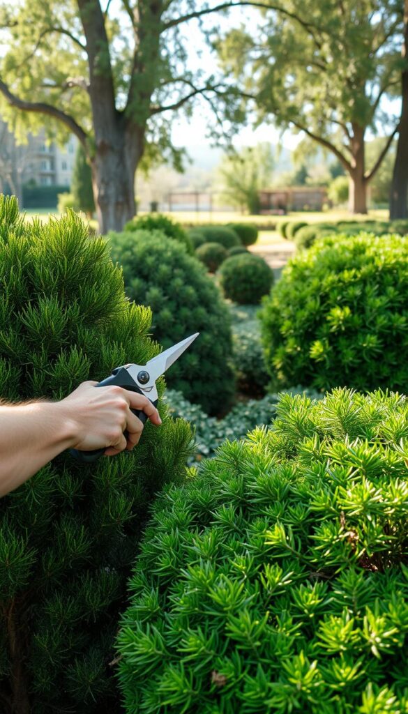 A lush, verdant garden scene showcasing the careful pruning and maintenance of resilient shrubs. In the foreground, a gardener skillfully trims the shapely, evergreen foliage using sharp, precision shears, capturing the essence of "poda de arbustos resistentes". The middle ground features a variety of hardy, drought-tolerant shrubs in diverse hues of green, their strong, woody stems and dense branching structure on display. The background suggests a tranquil, sun-dappled setting, with tall trees providing gentle, natural lighting that casts soft shadows across the scene. An atmosphere of peaceful, dedicated gardening permeates the image, reflecting the "Cuidados y mantenimiento: Riego, poda y más" section of the article on "Arbustos perennes resistentes". A lush, verdant garden scene showcasing the careful pruning and maintenance of resilient shrubs. In the foreground, a gardener skillfully trims the shapely, evergreen foliage using sharp, precision shears, capturing the essence of "poda de arbustos resistentes". The middle ground features a variety of hardy, drought-tolerant shrubs in diverse hues of green, their strong, woody stems and dense branching structure on display. The background suggests a tranquil, sun-dappled setting, with tall trees providing gentle, natural lighting that casts soft shadows across the scene. An atmosphere of peaceful, dedicated gardening permeates the image, reflecting the "Cuidados y mantenimiento: Riego, poda y más" section of the article on "Arbustos perennes resistentes".