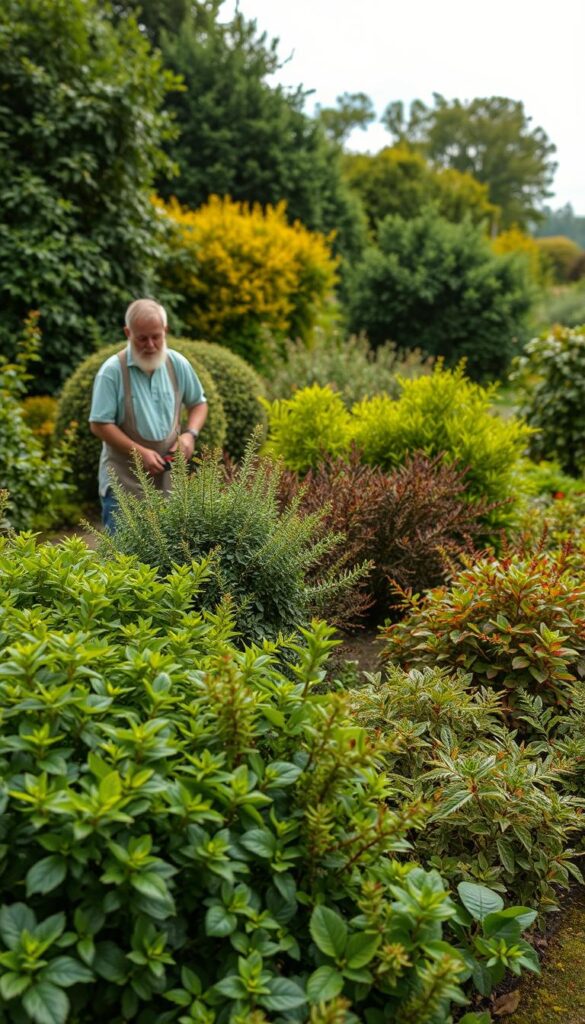A lush, verdant garden scene with a variety of resilient shrubs thriving in a variable climate. In the foreground, a gardener carefully tends to the plants, pruning and shaping them with precision. The middle ground showcases the diverse foliage, ranging from vibrant greens to autumnal hues, each species adapted to the shifting temperatures and rainfall. In the background, a softly diffused natural light filters through a cloudy sky, creating a serene and contemplative atmosphere. The composition emphasizes the harmony between the gardener's attentive care and the plants' ability to flourish in the unpredictable conditions, capturing the essence of maintaining resilient shrubbery in a variable climate. A lush, verdant garden scene with a variety of resilient shrubs thriving in a variable climate. In the foreground, a gardener carefully tends to the plants, pruning and shaping them with precision. The middle ground showcases the diverse foliage, ranging from vibrant greens to autumnal hues, each species adapted to the shifting temperatures and rainfall. In the background, a softly diffused natural light filters through a cloudy sky, creating a serene and contemplative atmosphere. The composition emphasizes the harmony between the gardener's attentive care and the plants' ability to flourish in the unpredictable conditions, capturing the essence of maintaining resilient shrubbery in a variable climate.