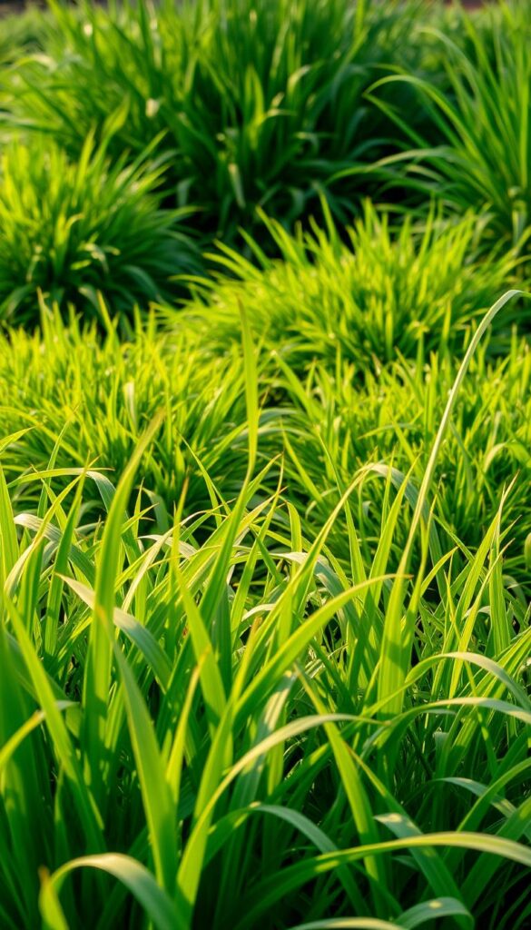 A lush, verdant landscape showcasing a variety of resilient grass types, each adapted to thrive in different climatic conditions. In the foreground, vibrant emerald blades of hardy, drought-resistant buffalo grass sway gently in a warm, golden light. In the middle ground, dense tufts of rich, deep-green fescue grass stand tall, their thick, resilient leaves capable of withstanding harsh winters. Towards the back, a tapestry of supple, fine-textured zoysia grass spreads out, its soft, cushiony texture perfect for high-traffic areas. The scene is captured with a shallow depth of field, emphasizing the unique textures and hues of each grass variety, creating a visually captivating and informative representation of the diverse options available for climate-resilient lawns. A lush, verdant landscape showcasing a variety of resilient grass types, each adapted to thrive in different climatic conditions. In the foreground, vibrant emerald blades of hardy, drought-resistant buffalo grass sway gently in a warm, golden light. In the middle ground, dense tufts of rich, deep-green fescue grass stand tall, their thick, resilient leaves capable of withstanding harsh winters. Towards the back, a tapestry of supple, fine-textured zoysia grass spreads out, its soft, cushiony texture perfect for high-traffic areas. The scene is captured with a shallow depth of field, emphasizing the unique textures and hues of each grass variety, creating a visually captivating and informative representation of the diverse options available for climate-resilient lawns.