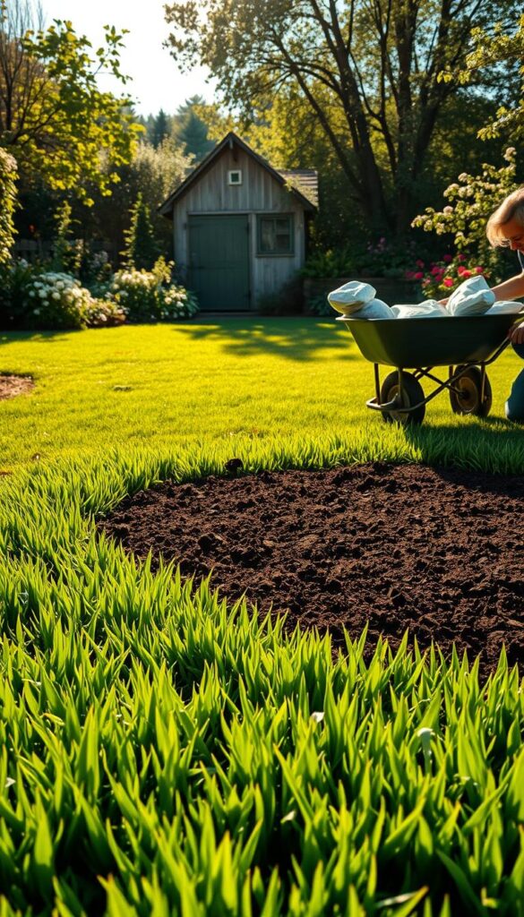 A lush, verdant lawn against a backdrop of a sun-dappled garden. In the foreground, a gardener kneels, carefully spreading a layer of rich, dark compost across the grass. The scene is bathed in warm, golden light, casting soft shadows and highlighting the vibrant green blades. The gardener's movements are deliberate and methodical, ensuring even coverage for optimal nutrient absorption. In the middle ground, a wheelbarrow filled with bags of organic fertilizer stands ready, while in the distance, a garden shed and blooming flowers add to the tranquil, naturalistic atmosphere. The overall composition conveys a sense of care, attention, and the nurturing of a healthy, resilient lawn. A lush, verdant lawn against a backdrop of a sun-dappled garden. In the foreground, a gardener kneels, carefully spreading a layer of rich, dark compost across the grass. The scene is bathed in warm, golden light, casting soft shadows and highlighting the vibrant green blades. The gardener's movements are deliberate and methodical, ensuring even coverage for optimal nutrient absorption. In the middle ground, a wheelbarrow filled with bags of organic fertilizer stands ready, while in the distance, a garden shed and blooming flowers add to the tranquil, naturalistic atmosphere. The overall composition conveys a sense of care, attention, and the nurturing of a healthy, resilient lawn.