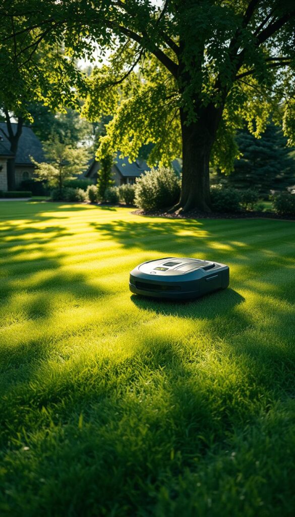 A lush, verdant lawn is meticulously mowed, creating a seamless, well-groomed surface. A state-of-the-art robotic lawn mower glides effortlessly across the grass, leaving behind a pattern of neat, parallel lines. Dappled sunlight filters through the leaves of surrounding trees, casting a warm, natural glow over the scene. The mower's sleek, modern design blends harmoniously with the tranquil, suburban setting. The crisp, clean edges of the lawn create a sense of order and attention to detail, reflecting the careful maintenance required to sustain a resilient, weather-resistant turf. This image perfectly captures the essence of the "Manejo y frecuencia de siegas" section, showcasing the importance of proper lawn mowing techniques for a healthy, thriving grass ecosystem. A lush, verdant lawn is meticulously mowed, creating a seamless, well-groomed surface. A state-of-the-art robotic lawn mower glides effortlessly across the grass, leaving behind a pattern of neat, parallel lines. Dappled sunlight filters through the leaves of surrounding trees, casting a warm, natural glow over the scene. The mower's sleek, modern design blends harmoniously with the tranquil, suburban setting. The crisp, clean edges of the lawn create a sense of order and attention to detail, reflecting the careful maintenance required to sustain a resilient, weather-resistant turf. This image perfectly captures the essence of the "Manejo y frecuencia de siegas" section, showcasing the importance of proper lawn mowing techniques for a healthy, thriving grass ecosystem.