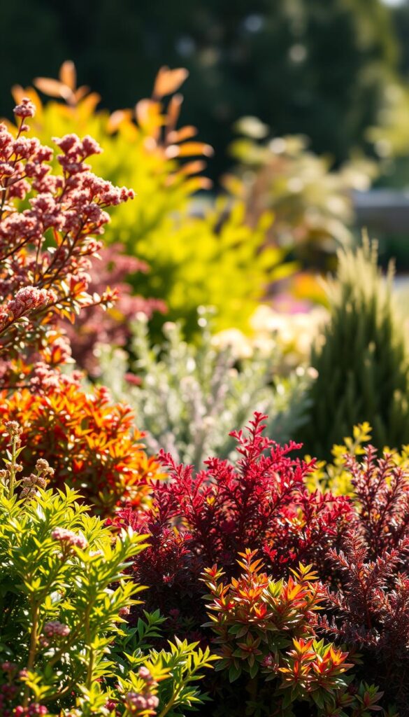 A lush, vibrant display of seasonal shrub varieties set against a softly blurred, sun-dappled garden backdrop. The foreground features an elegant arrangement of diverse shrub silhouettes, each with distinctive foliage, flowers, and branching patterns that capture their unique characteristics. The middle ground showcases a mix of evergreen and deciduous shrubs in harmonious hues, while the background gently fades into a warm, inviting atmosphere. Soft, directional lighting from the side accentuates the dimensional textures and three-dimensional forms of the plants, creating a sense of depth and natural beauty. The overall scene conveys a serene, garden-like ambiance that beautifully illustrates the seasonal variations and resilient nature of these versatile shrub species. A lush, vibrant display of seasonal shrub varieties set against a softly blurred, sun-dappled garden backdrop. The foreground features an elegant arrangement of diverse shrub silhouettes, each with distinctive foliage, flowers, and branching patterns that capture their unique characteristics. The middle ground showcases a mix of evergreen and deciduous shrubs in harmonious hues, while the background gently fades into a warm, inviting atmosphere. Soft, directional lighting from the side accentuates the dimensional textures and three-dimensional forms of the plants, creating a sense of depth and natural beauty. The overall scene conveys a serene, garden-like ambiance that beautifully illustrates the seasonal variations and resilient nature of these versatile shrub species.