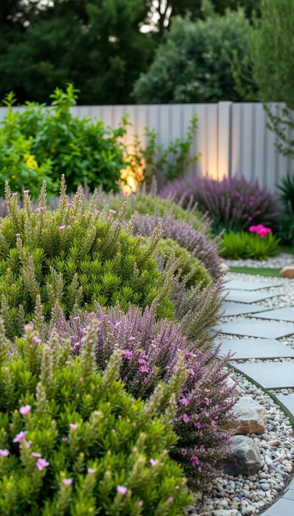 A lush, well-designed sustainable outdoor space showcasing resilient shrubs. In the foreground, an array of drought-tolerant, low-maintenance bushes in shades of green, purple, and pink flourish, their dense foliage and delicate flowers creating a visually captivating scene. The middle ground features a paved pathway winding through the plantings, flanked by decorative rocks and pebbles that complement the natural palette. In the background, a minimalist, modern fence or wall provides a clean, unobtrusive backdrop, allowing the vibrant greenery to take center stage. Soft, diffused lighting from above casts a warm, inviting glow, highlighting the tactile textures and vibrant hues of the carefully curated shrubs. The overall composition conveys a sense of harmony, sustainability, and low-maintenance beauty, perfectly suited for a climate-resilient outdoor design. A lush, well-designed sustainable outdoor space showcasing resilient shrubs. In the foreground, an array of drought-tolerant, low-maintenance bushes in shades of green, purple, and pink flourish, their dense foliage and delicate flowers creating a visually captivating scene. The middle ground features a paved pathway winding through the plantings, flanked by decorative rocks and pebbles that complement the natural palette. In the background, a minimalist, modern fence or wall provides a clean, unobtrusive backdrop, allowing the vibrant greenery to take center stage. Soft, diffused lighting from above casts a warm, inviting glow, highlighting the tactile textures and vibrant hues of the carefully curated shrubs. The overall composition conveys a sense of harmony, sustainability, and low-maintenance beauty, perfectly suited for a climate-resilient outdoor design.