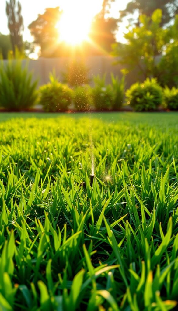 A lush, well-manicured lawn under a warm, golden-hour sun. In the foreground, water droplets glisten on the blades of grass, as a sprinkler system delivers a gentle, efficient mist. The middle ground showcases a variety of healthy, resilient grass species, their deep roots anchored in nutrient-rich soil. In the background, a backdrop of verdant, drought-tolerant shrubs and trees creates a serene, natural setting. The scene conveys a sense of balance, where water conservation and lawn care harmonize to produce a vibrant, climate-resistant landscape. A lush, well-manicured lawn under a warm, golden-hour sun. In the foreground, water droplets glisten on the blades of grass, as a sprinkler system delivers a gentle, efficient mist. The middle ground showcases a variety of healthy, resilient grass species, their deep roots anchored in nutrient-rich soil. In the background, a backdrop of verdant, drought-tolerant shrubs and trees creates a serene, natural setting. The scene conveys a sense of balance, where water conservation and lawn care harmonize to produce a vibrant, climate-resistant landscape.