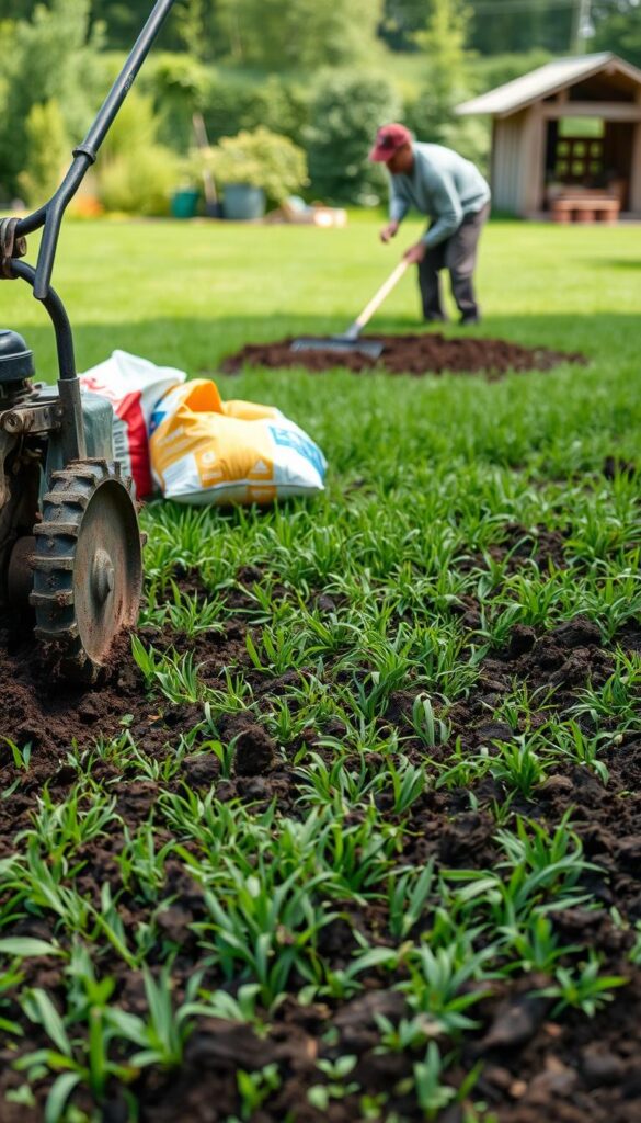 A well-lit, high-resolution image of a lush, verdant lawn being prepared for seeding. In the foreground, a tiller or rototiller is churning up the soil, exposing the rich, dark earth. Bags of fertilizer and compost are visible nearby, ready to be worked into the soil. In the middle ground, a gardener is carefully raking the loosened soil, creating a smooth, level surface. In the background, a shed or garden tools can be seen, hinting at the broader landscape. The scene conveys a sense of diligent preparation, with the goal of establishing a healthy, resilient lawn that can withstand challenging weather conditions. A well-lit, high-resolution image of a lush, verdant lawn being prepared for seeding. In the foreground, a tiller or rototiller is churning up the soil, exposing the rich, dark earth. Bags of fertilizer and compost are visible nearby, ready to be worked into the soil. In the middle ground, a gardener is carefully raking the loosened soil, creating a smooth, level surface. In the background, a shed or garden tools can be seen, hinting at the broader landscape. The scene conveys a sense of diligent preparation, with the goal of establishing a healthy, resilient lawn that can withstand challenging weather conditions.
