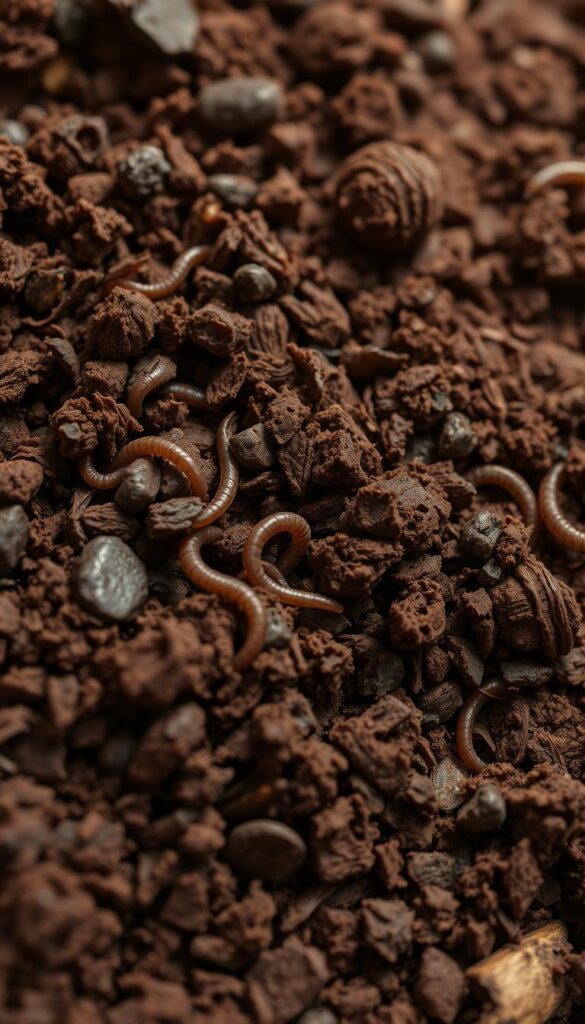 A close-up macro shot of rich, dark brown humus soil, densely packed with organic matter and tiny wriggling earthworms. The texture is crumbly and loamy, with a slightly moist sheen. Subtle variations in hue create a layered, textured appearance. Soft, even lighting from above illuminates the scene, casting gentle shadows that accentuate the intricate structure of the soil. The image conveys the earthy, nutrient-dense essence of vermicompost, the "black gold" that nourishes indoor plants. A close-up macro shot of rich, dark brown humus soil, densely packed with organic matter and tiny wriggling earthworms. The texture is crumbly and loamy, with a slightly moist sheen. Subtle variations in hue create a layered, textured appearance. Soft, even lighting from above illuminates the scene, casting gentle shadows that accentuate the intricate structure of the soil. The image conveys the earthy, nutrient-dense essence of vermicompost, the "black gold" that nourishes indoor plants.