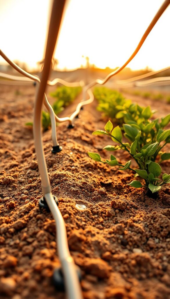 A close-up view of a drip irrigation system installed in a sandy soil landscape. The foreground features a network of flexible, interconnected tubing carrying water, with strategically placed drip emitters dispersing water droplets onto the sandy soil below. The middle ground showcases lush, thriving plants drawing nourishment from the precise, efficient water delivery system. In the background, a warm, golden-hued natural lighting illuminates the scene, creating a serene, earthy atmosphere. The image conveys the effectiveness of a well-designed drip irrigation setup in optimizing water usage and plant growth in sandy, arid environments. A close-up view of a drip irrigation system installed in a sandy soil landscape. The foreground features a network of flexible, interconnected tubing carrying water, with strategically placed drip emitters dispersing water droplets onto the sandy soil below. The middle ground showcases lush, thriving plants drawing nourishment from the precise, efficient water delivery system. In the background, a warm, golden-hued natural lighting illuminates the scene, creating a serene, earthy atmosphere. The image conveys the effectiveness of a well-designed drip irrigation setup in optimizing water usage and plant growth in sandy, arid environments.