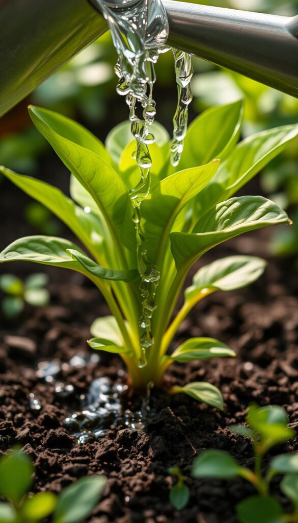 A close-up view of a healthy, recently transplanted plant being gently watered with a watering can. The plant is centered in the frame, with lush green foliage and a moist, dark soil surrounding the base. Soft, diffused natural lighting illuminates the scene, creating a calm and nurturing atmosphere. The water cascades down, creating a soothing, rhythmic sound and glistening droplets on the leaves. The image conveys the care and attention required for successfully watering newly transplanted plants, supporting their establishment and growth. A close-up view of a healthy, recently transplanted plant being gently watered with a watering can. The plant is centered in the frame, with lush green foliage and a moist, dark soil surrounding the base. Soft, diffused natural lighting illuminates the scene, creating a calm and nurturing atmosphere. The water cascades down, creating a soothing, rhythmic sound and glistening droplets on the leaves. The image conveys the care and attention required for successfully watering newly transplanted plants, supporting their establishment and growth.