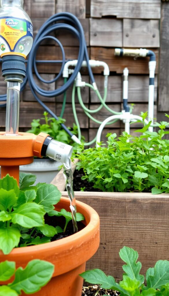 A close-up view of an innovative garden irrigation system using repurposed and recycled materials. In the foreground, a terracotta pot with a stylized spout made from a repurposed plastic bottle, dripping water onto a lush, verdant plant. In the middle ground, a network of recycled PVC pipes and hoses wind through a raised garden bed, conveying water to various plants. The background features a backdrop of weathered wooden planks, adding a rustic, eco-friendly ambiance. The lighting is soft and diffused, highlighting the organic textures and natural tones of the recycled materials. The overall mood is one of sustainability, creativity, and a harmonious integration of technology and nature. A close-up view of an innovative garden irrigation system using repurposed and recycled materials. In the foreground, a terracotta pot with a stylized spout made from a repurposed plastic bottle, dripping water onto a lush, verdant plant. In the middle ground, a network of recycled PVC pipes and hoses wind through a raised garden bed, conveying water to various plants. The background features a backdrop of weathered wooden planks, adding a rustic, eco-friendly ambiance. The lighting is soft and diffused, highlighting the organic textures and natural tones of the recycled materials. The overall mood is one of sustainability, creativity, and a harmonious integration of technology and nature.