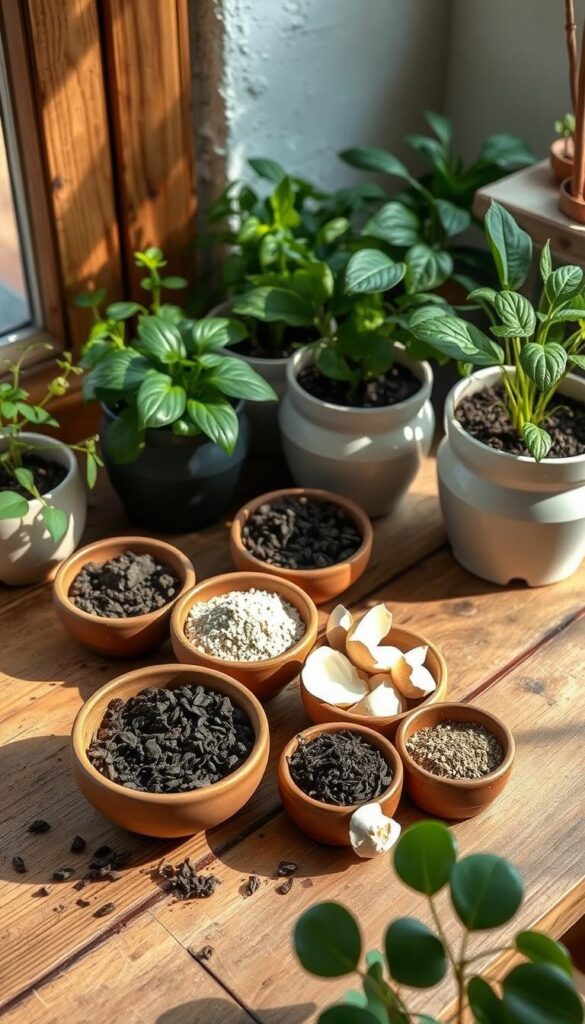 A cozy corner of a well-tended indoor garden, with a variety of homemade soil amendments neatly arranged on a rustic wooden table. The natural ingredients, such as compost, coffee grounds, and eggshells, are displayed in earthenware bowls, casting warm, soft shadows in the gentle, diffused lighting. The scene exudes a sense of simplicity, sustainability, and a connection to the natural world, perfectly capturing the essence of choosing homemade fertilizers for one's beloved indoor plants. A cozy corner of a well-tended indoor garden, with a variety of homemade soil amendments neatly arranged on a rustic wooden table. The natural ingredients, such as compost, coffee grounds, and eggshells, are displayed in earthenware bowls, casting warm, soft shadows in the gentle, diffused lighting. The scene exudes a sense of simplicity, sustainability, and a connection to the natural world, perfectly capturing the essence of choosing homemade fertilizers for one's beloved indoor plants.