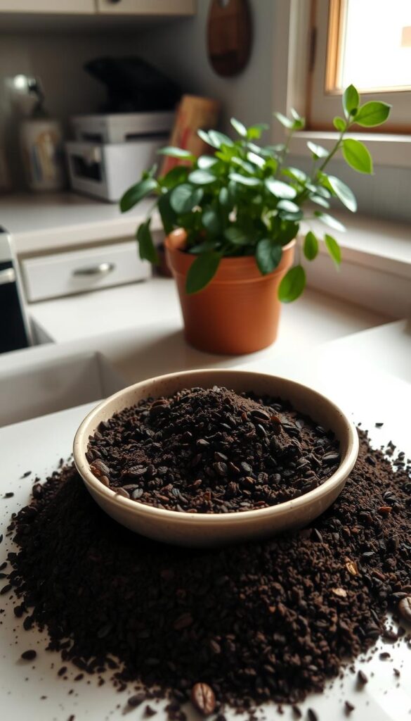 A cozy kitchen counter filled with freshly brewed coffee grounds, their dark and rich hues contrasting against the light-colored surface. The nitrogen-rich grounds sit in a shallow bowl, their moist texture hinting at the soil-enriching potential. Soft, diffused lighting from a nearby window casts a warm, natural glow, highlighting the intricate patterns and textures of the coffee sediment. In the background, a lush, green houseplant stands as a testament to the revitalizing effects of this organic, nitrogen-based fertilizer. The overall scene conveys a sense of nurturing, sustainability, and the thoughtful integration of nature's elements into the domestic setting. A cozy kitchen counter filled with freshly brewed coffee grounds, their dark and rich hues contrasting against the light-colored surface. The nitrogen-rich grounds sit in a shallow bowl, their moist texture hinting at the soil-enriching potential. Soft, diffused lighting from a nearby window casts a warm, natural glow, highlighting the intricate patterns and textures of the coffee sediment. In the background, a lush, green houseplant stands as a testament to the revitalizing effects of this organic, nitrogen-based fertilizer. The overall scene conveys a sense of nurturing, sustainability, and the thoughtful integration of nature's elements into the domestic setting.