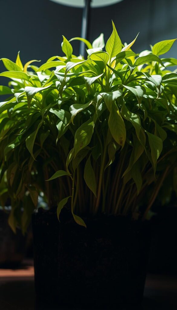 A dense, lush houseplant with drooping, yellowing leaves, its soil parched and cracked, conveying the visual stress of a recently transplanted specimen. Harsh, overhead lighting casts dramatic shadows, emphasizing the plant's wilted, vulnerable state. The background is blurred, maintaining focus on the distressed foliage in the foreground. The overall mood is one of concern and unease, reflecting the delicate transition a plant undergoes when uprooted and replanted. Subtle textures and imperfections in the leaves and soil add realism, drawing the viewer into the plant's struggle to adapt to its new environment. A dense, lush houseplant with drooping, yellowing leaves, its soil parched and cracked, conveying the visual stress of a recently transplanted specimen. Harsh, overhead lighting casts dramatic shadows, emphasizing the plant's wilted, vulnerable state. The background is blurred, maintaining focus on the distressed foliage in the foreground. The overall mood is one of concern and unease, reflecting the delicate transition a plant undergoes when uprooted and replanted. Subtle textures and imperfections in the leaves and soil add realism, drawing the viewer into the plant's struggle to adapt to its new environment.