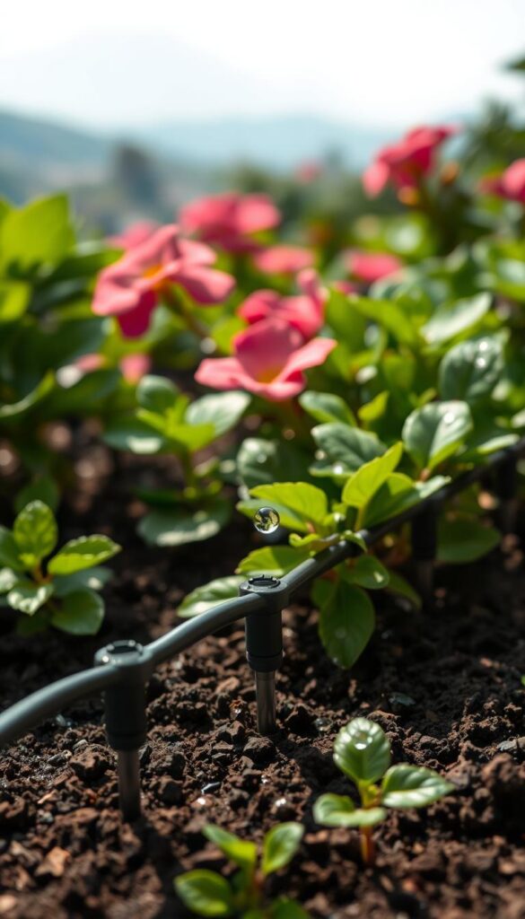 A detailed close-up of a drip irrigation system for a small garden. In the foreground, a network of flexible tubing and emitters disperses water droplets evenly across the soil. The middle ground features lush, vibrant foliage of leafy plants and flowers, their leaves glistening with moisture. In the background, a soft-focused, hazy landscape suggests a tranquil, well-tended garden setting. The lighting is natural and diffused, casting gentle shadows and highlights that accentuate the organic textures. The camera angle is slightly elevated, providing a birds-eye perspective that conveys the efficient, interconnected nature of the drip irrigation system. Overall, the scene exudes a sense of order, sustainability, and horticultural harmony. A detailed close-up of a drip irrigation system for a small garden. In the foreground, a network of flexible tubing and emitters disperses water droplets evenly across the soil. The middle ground features lush, vibrant foliage of leafy plants and flowers, their leaves glistening with moisture. In the background, a soft-focused, hazy landscape suggests a tranquil, well-tended garden setting. The lighting is natural and diffused, casting gentle shadows and highlights that accentuate the organic textures. The camera angle is slightly elevated, providing a birds-eye perspective that conveys the efficient, interconnected nature of the drip irrigation system. Overall, the scene exudes a sense of order, sustainability, and horticultural harmony.
