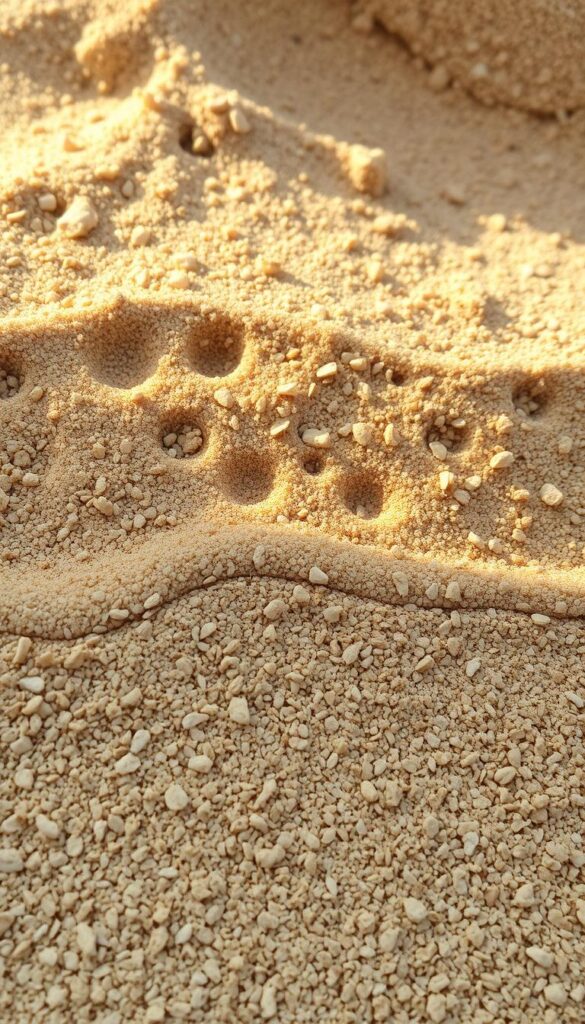 A detailed cross-section of sandy soil, showcasing its distinct layers and composition. In the foreground, fine grains of sand in varying shades of beige and tan, arranged in a natural, undulating pattern. The middle ground reveals the porous structure, with visible air pockets and spaces between the sand particles. In the background, a subtle transition to slightly coarser grains, highlighting the gradual changes in soil texture. The scene is illuminated by a warm, natural light, casting gentle shadows that accentuate the textural elements. The overall tone is one of earthy, organic elegance, inviting the viewer to appreciate the intricate design of this essential component of the natural world. A detailed cross-section of sandy soil, showcasing its distinct layers and composition. In the foreground, fine grains of sand in varying shades of beige and tan, arranged in a natural, undulating pattern. The middle ground reveals the porous structure, with visible air pockets and spaces between the sand particles. In the background, a subtle transition to slightly coarser grains, highlighting the gradual changes in soil texture. The scene is illuminated by a warm, natural light, casting gentle shadows that accentuate the textural elements. The overall tone is one of earthy, organic elegance, inviting the viewer to appreciate the intricate design of this essential component of the natural world.