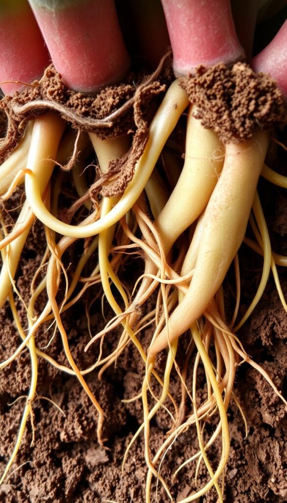 A detailed cross-section of the root system of succulent plants, showcasing their intricate and adaptable underground structure. The image features a vibrant, earth-toned palette, with the roots delicately winding through the soil, surrounded by fine hair-like rootlets and a network of fibrous strands. The lighting is soft and diffused, casting gentle shadows that highlight the textural nuances of the roots. The composition emphasizes the interconnectedness and resilience of the succulent's root system, conveying a sense of the plant's ability to thrive in arid environments. The angle is slightly elevated, providing a comprehensive view of the underground ecosystem. A detailed cross-section of the root system of succulent plants, showcasing their intricate and adaptable underground structure. The image features a vibrant, earth-toned palette, with the roots delicately winding through the soil, surrounded by fine hair-like rootlets and a network of fibrous strands. The lighting is soft and diffused, casting gentle shadows that highlight the textural nuances of the roots. The composition emphasizes the interconnectedness and resilience of the succulent's root system, conveying a sense of the plant's ability to thrive in arid environments. The angle is slightly elevated, providing a comprehensive view of the underground ecosystem.
