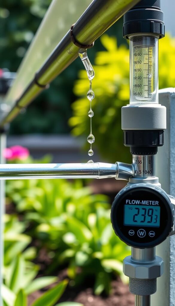 A detailed cross-section view of a drip irrigation system, showcasing the measurement of water flow rate. In the foreground, a digital flow meter displays the real-time volumetric flow data. In the middle ground, a transparent section of the irrigation pipe reveals the water's movement, with droplets visually tracing the path. The background features a lush, verdant garden setting, emphasizing the importance of optimizing water consumption for small-scale landscaping. The lighting is natural, with soft shadows and highlights accentuating the system's components. The overall composition conveys a sense of precision, efficiency, and environmental awareness in the context of irrigation management. A detailed cross-section view of a drip irrigation system, showcasing the measurement of water flow rate. In the foreground, a digital flow meter displays the real-time volumetric flow data. In the middle ground, a transparent section of the irrigation pipe reveals the water's movement, with droplets visually tracing the path. The background features a lush, verdant garden setting, emphasizing the importance of optimizing water consumption for small-scale landscaping. The lighting is natural, with soft shadows and highlights accentuating the system's components. The overall composition conveys a sense of precision, efficiency, and environmental awareness in the context of irrigation management.