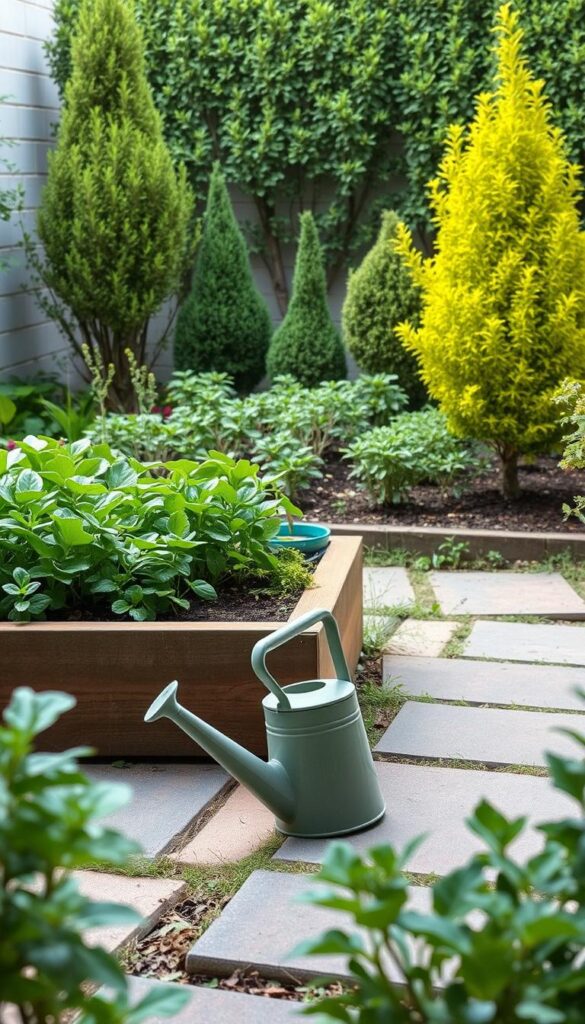 A lush, compact garden scene with a focus on balanced watering practices. In the foreground, a well-tended raised garden bed filled with vibrant, healthy plants. Midground, a simple, elegant watering can rests on the stone pathway, hinting at the care and attention given to the garden's irrigation. In the background, a verdant, harmonious arrangement of small ornamental trees and shrubs creates a sense of enclosure and privacy. The lighting is soft and diffused, casting gentle shadows and highlighting the garden's verdant, thriving character. The overall atmosphere conveys a sense of tranquility, order, and environmentally conscious gardening practices suitable for a small, urban space. A lush, compact garden scene with a focus on balanced watering practices. In the foreground, a well-tended raised garden bed filled with vibrant, healthy plants. Midground, a simple, elegant watering can rests on the stone pathway, hinting at the care and attention given to the garden's irrigation. In the background, a verdant, harmonious arrangement of small ornamental trees and shrubs creates a sense of enclosure and privacy. The lighting is soft and diffused, casting gentle shadows and highlighting the garden's verdant, thriving character. The overall atmosphere conveys a sense of tranquility, order, and environmentally conscious gardening practices suitable for a small, urban space.
