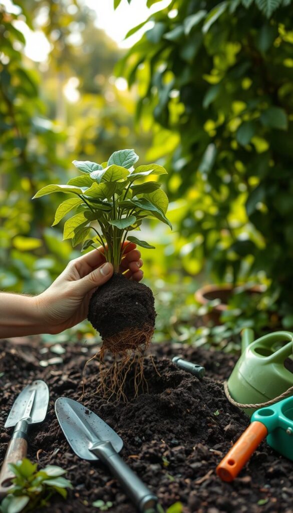 A lush garden backdrop, soft natural lighting filtering through verdant leaves. In the foreground, a gardener's hands gently unpotting a young plant, its delicate roots exposed. The soil is dark and rich, ready to receive the new transplant. Carefully, the gardener inspects the rootball, ensuring its health before placing it into a freshly dug hole. Nearby, various gardening tools - trowels, pruners, and watering cans - are neatly arranged, signifying the patient preparation required for a successful transplant. The overall scene conveys a sense of tranquility and reverence for the natural process of plant cultivation. A lush garden backdrop, soft natural lighting filtering through verdant leaves. In the foreground, a gardener's hands gently unpotting a young plant, its delicate roots exposed. The soil is dark and rich, ready to receive the new transplant. Carefully, the gardener inspects the rootball, ensuring its health before placing it into a freshly dug hole. Nearby, various gardening tools - trowels, pruners, and watering cans - are neatly arranged, signifying the patient preparation required for a successful transplant. The overall scene conveys a sense of tranquility and reverence for the natural process of plant cultivation.