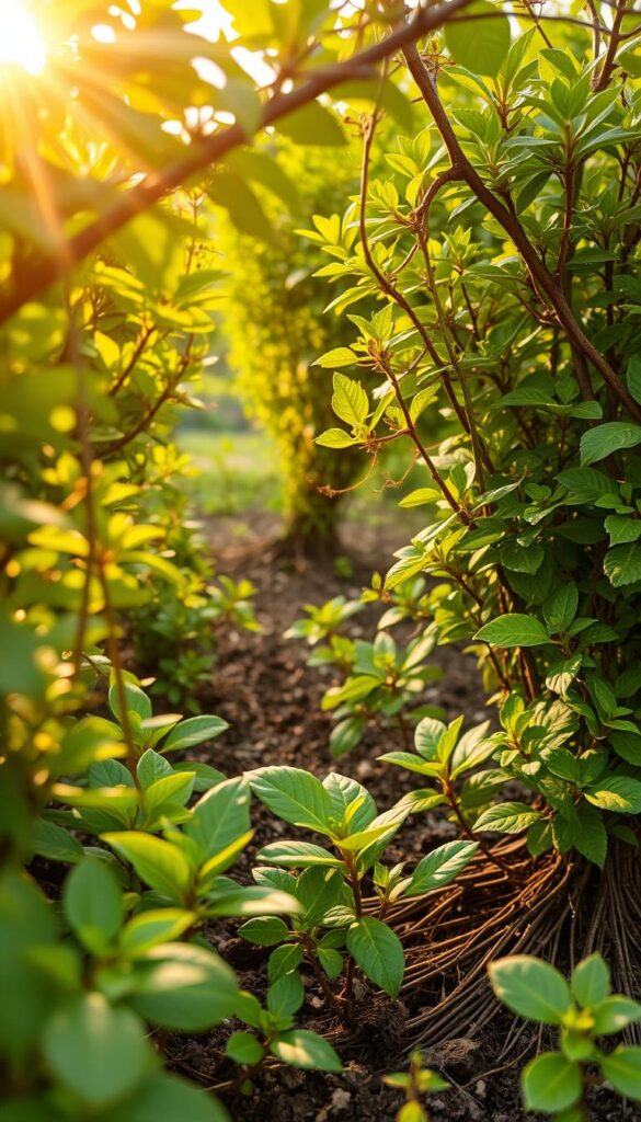 A lush garden filled with verdant bushes, their roots drinking deeply from the earth. Diffused sunlight filters through the foliage, casting a warm, golden glow. In the foreground, the delicate branches sway gently, showcasing the importance of deep, nourishing irrigation. The middle ground reveals healthy, vibrant leaves, a testament to the benefits of providing ample water to the plant's core. In the background, a harmonious scene unfolds, with the bushes blending seamlessly into the serene landscape. The overall composition evokes a sense of tranquility and the vital role that deep watering plays in the thriving of these essential garden elements.