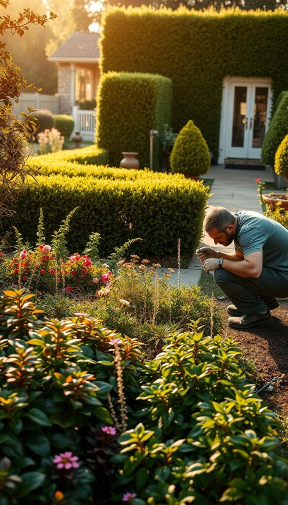 A lush garden oasis in warm, golden afternoon light. In the foreground, a gardener kneeling amid diverse plants, carefully adjusting a drip irrigation system. The middle ground showcases a variety of thriving shrubs and flowering plants, their leaves glistening with water droplets. In the background, a neatly trimmed hedge frames the scene, leading the eye towards a tranquil patio or seating area. The overall atmosphere conveys a sense of harmony and attention to the garden's unique needs, with the irrigation system seamlessly integrated into the landscape.