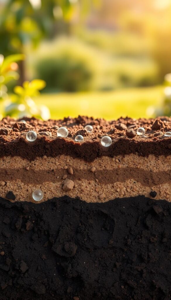 A lush garden soil cross-section showcasing different soil types and their water retention capabilities. In the foreground, a close-up view of the soil layers, with rich, dark topsoil giving way to lighter, sandier subsoil. Subtle variations in texture and color illustrate the diversity of soil composition. In the middle ground, a detailed representation of the soil's ability to absorb and hold water, with water droplets visibly permeating the different strata. The background features a tranquil, out-of-focus landscape, emphasizing the importance of understanding soil properties for optimal garden irrigation. Warm, natural lighting casts a gentle glow, creating a serene, educational atmosphere. A lush garden soil cross-section showcasing different soil types and their water retention capabilities. In the foreground, a close-up view of the soil layers, with rich, dark topsoil giving way to lighter, sandier subsoil. Subtle variations in texture and color illustrate the diversity of soil composition. In the middle ground, a detailed representation of the soil's ability to absorb and hold water, with water droplets visibly permeating the different strata. The background features a tranquil, out-of-focus landscape, emphasizing the importance of understanding soil properties for optimal garden irrigation. Warm, natural lighting casts a gentle glow, creating a serene, educational atmosphere.
