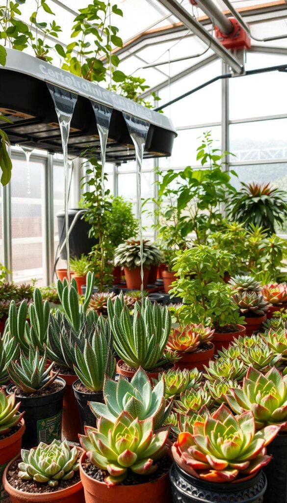 A lush, greenhouse-like setting featuring a variety of thriving succulent plants. The foreground showcases an assortment of potted succulents arranged in a visually appealing, asymmetrical composition, with diverse shapes, textures, and colors. The middle ground depicts a vertical hydroponic system with water dripping down and being recycled, illustrating a sustainable irrigation method. In the background, a large window or glass wall allows natural light to flood the scene, creating a bright, airy atmosphere. The overall mood is one of serenity, efficiency, and environmental consciousness, reflecting the theme of "Métodos alternativos y sostenibles de riego". A lush, greenhouse-like setting featuring a variety of thriving succulent plants. The foreground showcases an assortment of potted succulents arranged in a visually appealing, asymmetrical composition, with diverse shapes, textures, and colors. The middle ground depicts a vertical hydroponic system with water dripping down and being recycled, illustrating a sustainable irrigation method. In the background, a large window or glass wall allows natural light to flood the scene, creating a bright, airy atmosphere. The overall mood is one of serenity, efficiency, and environmental consciousness, reflecting the theme of "Métodos alternativos y sostenibles de riego".