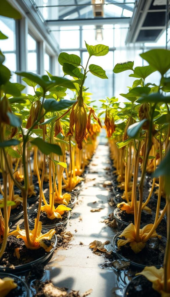 A lush, hydroponic indoor garden with wilted, yellowing leaves on the plants, their stems drooping and discolored. The scene is bathed in soft, diffused natural light filtering through large windows, casting long shadows across the soil. The plants appear to be suffering from over-watering, with pools of standing water visible around their bases. The overall mood is one of concern and distress, highlighting the need to address the symptoms of excess watering to revive the struggling vegetation. The camera angle is at eye-level, inviting the viewer to closely examine the afflicted plants. A lush, hydroponic indoor garden with wilted, yellowing leaves on the plants, their stems drooping and discolored. The scene is bathed in soft, diffused natural light filtering through large windows, casting long shadows across the soil. The plants appear to be suffering from over-watering, with pools of standing water visible around their bases. The overall mood is one of concern and distress, highlighting the need to address the symptoms of excess watering to revive the struggling vegetation. The camera angle is at eye-level, inviting the viewer to closely examine the afflicted plants.