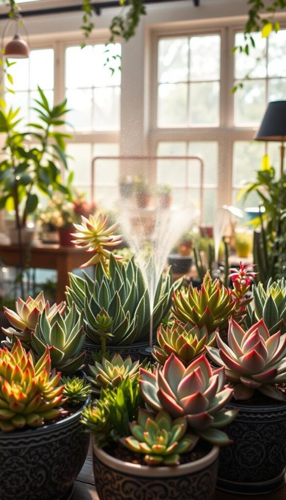 A lush indoor garden showcasing a variety of thriving succulent plants. The foreground features several types of succulents, such as echeveria, sedum, and aeonium, expertly arranged in decorative pots with intricate patterns and textures. The middle ground highlights the irrigation techniques, with a delicate mist system gently watering the plants, creating a tranquil, humid atmosphere. The background depicts a warm, sun-dappled room with large windows, allowing natural light to pour in and accentuate the vibrant colors and shapes of the succulents. Subtle shadows and highlights add depth and dimension, while the overall composition conveys a sense of balance, harmony, and practical tips for watering indoor succulents. A lush indoor garden showcasing a variety of thriving succulent plants. The foreground features several types of succulents, such as echeveria, sedum, and aeonium, expertly arranged in decorative pots with intricate patterns and textures. The middle ground highlights the irrigation techniques, with a delicate mist system gently watering the plants, creating a tranquil, humid atmosphere. The background depicts a warm, sun-dappled room with large windows, allowing natural light to pour in and accentuate the vibrant colors and shapes of the succulents. Subtle shadows and highlights add depth and dimension, while the overall composition conveys a sense of balance, harmony, and practical tips for watering indoor succulents.
