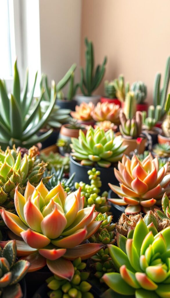 A lush, indoor succulent garden with varied textures and colors. In the foreground, close-up shots of diverse succulents - their fleshy, vibrant leaves catching the soft, natural light from a nearby window. In the middle ground, a carefully curated arrangement of potted succulents of different shapes and sizes, strategically placed to create visual harmony. The background features a minimalist, earth-toned wall, accentuating the organic beauty of the plants. The lighting is soft and diffused, casting gentle shadows that add depth and dimension to the scene. The overall mood is serene, calming, and reflective of the adaptive, seasonal watering needs of these resilient, low-maintenance houseplants. A lush, indoor succulent garden with varied textures and colors. In the foreground, close-up shots of diverse succulents - their fleshy, vibrant leaves catching the soft, natural light from a nearby window. In the middle ground, a carefully curated arrangement of potted succulents of different shapes and sizes, strategically placed to create visual harmony. The background features a minimalist, earth-toned wall, accentuating the organic beauty of the plants. The lighting is soft and diffused, casting gentle shadows that add depth and dimension to the scene. The overall mood is serene, calming, and reflective of the adaptive, seasonal watering needs of these resilient, low-maintenance houseplants.