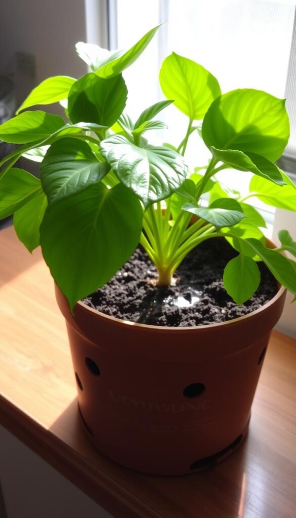 A lush, potted plant with vibrant foliage sits atop a wooden surface, its soil slightly damp and glistening. The pot has strategically placed drainage holes, allowing excess water to seep out, preventing waterlogging. Soft, diffused sunlight filters through a window, casting gentle shadows and highlighting the plant's natural texture. The scene conveys a sense of balance and control, showcasing an effective way to avoid overwatering and maintain the health of indoor plants. A lush, potted plant with vibrant foliage sits atop a wooden surface, its soil slightly damp and glistening. The pot has strategically placed drainage holes, allowing excess water to seep out, preventing waterlogging. Soft, diffused sunlight filters through a window, casting gentle shadows and highlighting the plant's natural texture. The scene conveys a sense of balance and control, showcasing an effective way to avoid overwatering and maintain the health of indoor plants.