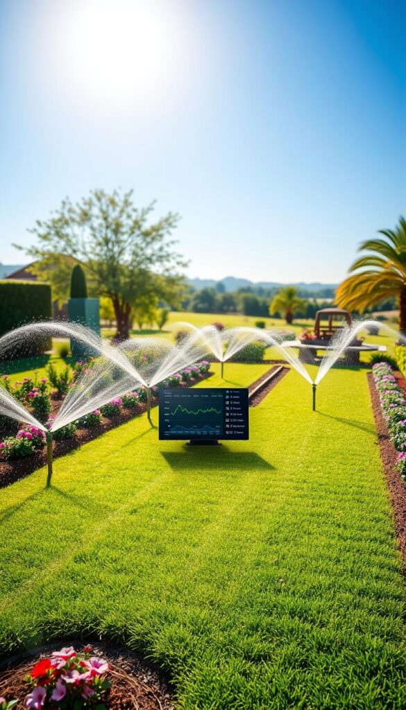 A lush, thriving garden with a meticulously planned irrigation system. In the foreground, water sprinklers uniformly distribute water across the well-manicured lawn and neatly arranged flower beds. Mid-ground, a digital display shows optimized watering schedules tailored to the specific climate and plant types. In the background, a serene landscape with gently swaying trees and a clear blue sky, creating a tranquil, nature-inspired atmosphere. Soft, diffused lighting from the overhead sun casts a warm, inviting glow across the scene. The overall composition conveys a sense of efficiency, sustainability, and harmony between human design and natural elements. A lush, thriving garden with a meticulously planned irrigation system. In the foreground, water sprinklers uniformly distribute water across the well-manicured lawn and neatly arranged flower beds. Mid-ground, a digital display shows optimized watering schedules tailored to the specific climate and plant types. In the background, a serene landscape with gently swaying trees and a clear blue sky, creating a tranquil, nature-inspired atmosphere. Soft, diffused lighting from the overhead sun casts a warm, inviting glow across the scene. The overall composition conveys a sense of efficiency, sustainability, and harmony between human design and natural elements.