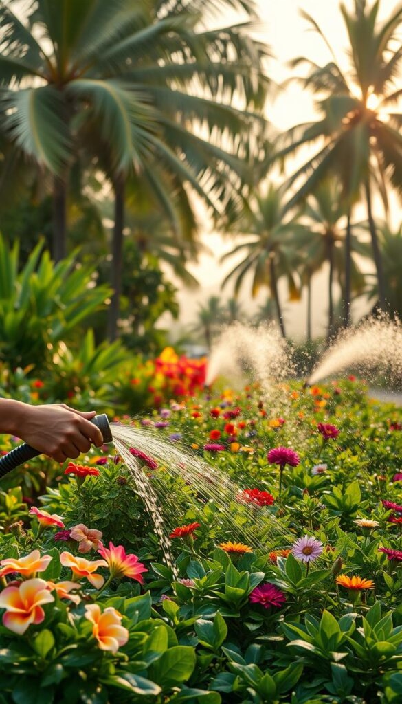 A lush, verdant garden scene in a warm, tropical climate. In the foreground, a gardener carefully waters vibrant flowers and leafy plants, their hands gently guiding the flow of water. The middle ground features a diverse array of thriving vegetation, with tall palm trees swaying gently in a soft breeze. In the background, a hazy, sun-drenched horizon suggests the warmth and humidity of the environment. Diffused, golden light filters through the scene, creating a serene and tranquil atmosphere. The composition is balanced, with the gardener's actions drawing the viewer's eye to the center of the frame. The image conveys the principles of efficient irrigation in hot climates, where careful water management is crucial for maintaining a healthy, flourishing garden. A lush, verdant garden scene in a warm, tropical climate. In the foreground, a gardener carefully waters vibrant flowers and leafy plants, their hands gently guiding the flow of water. The middle ground features a diverse array of thriving vegetation, with tall palm trees swaying gently in a soft breeze. In the background, a hazy, sun-drenched horizon suggests the warmth and humidity of the environment. Diffused, golden light filters through the scene, creating a serene and tranquil atmosphere. The composition is balanced, with the gardener's actions drawing the viewer's eye to the center of the frame. The image conveys the principles of efficient irrigation in hot climates, where careful water management is crucial for maintaining a healthy, flourishing garden.