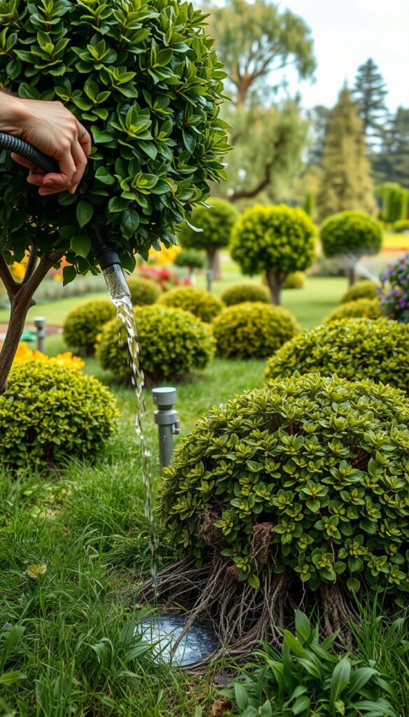 A lush, verdant garden scene showcasing various bush irrigation techniques. In the foreground, a close-up view of a mature shrub with intricate root structures being carefully watered by a gardener's hand, using a slow-drip hose system. The middle ground reveals several other bushes of different sizes and species, each with its own tailored watering method, such as soaker hoses and in-ground sprinklers. The background features a tranquil landscape, with towering trees and a clear blue sky, creating a serene and natural atmosphere. The lighting is soft and diffused, highlighting the delicate foliage and the gardener's attentive work. The overall scene conveys a sense of expertise, care, and sustainable gardening practices for deep watering of bushes.