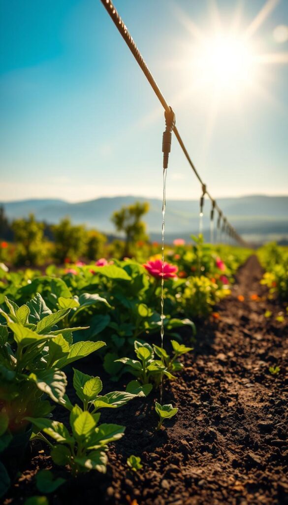 A lush, verdant garden scene under the warm, golden glow of the sun. In the foreground, a carefully arranged drip irrigation system steadily releases water droplets onto the soil, nourishing the thriving plants. The middle ground showcases a variety of thriving, healthy vegetation, including leafy greens, vibrant flowers, and verdant shrubs. In the background, a serene landscape with rolling hills and a clear, blue sky creates a peaceful, natural atmosphere. The scene conveys a sense of efficiency, sustainability, and harmony between the irrigation system and the thriving, well-watered plants. The lighting is soft and diffused, creating a warm, inviting ambiance. A lush, verdant garden scene under the warm, golden glow of the sun. In the foreground, a carefully arranged drip irrigation system steadily releases water droplets onto the soil, nourishing the thriving plants. The middle ground showcases a variety of thriving, healthy vegetation, including leafy greens, vibrant flowers, and verdant shrubs. In the background, a serene landscape with rolling hills and a clear, blue sky creates a peaceful, natural atmosphere. The scene conveys a sense of efficiency, sustainability, and harmony between the irrigation system and the thriving, well-watered plants. The lighting is soft and diffused, creating a warm, inviting ambiance.