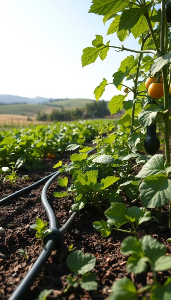 A lush, verdant garden scene with a focus on a drip irrigation system. In the foreground, sleek black tubing snakes through the soil, delivering precise amounts of water to the roots of thriving plants. The middle ground features a variety of leafy greens, from vibrant tomato vines to sprawling squash plants, each optimally watered according to their needs. In the background, a sun-dappled landscape with rolling hills and a clear blue sky, conveying a sense of balance and harmony between nature and human intervention. The lighting is soft and diffused, creating a tranquil, contemplative atmosphere. Captured with a wide-angle lens to emphasize the interconnectedness of the elements. An image that visually represents the careful adaptation of irrigation to climate and crop requirements. A lush, verdant garden scene with a focus on a drip irrigation system. In the foreground, sleek black tubing snakes through the soil, delivering precise amounts of water to the roots of thriving plants. The middle ground features a variety of leafy greens, from vibrant tomato vines to sprawling squash plants, each optimally watered according to their needs. In the background, a sun-dappled landscape with rolling hills and a clear blue sky, conveying a sense of balance and harmony between nature and human intervention. The lighting is soft and diffused, creating a tranquil, contemplative atmosphere. Captured with a wide-angle lens to emphasize the interconnectedness of the elements. An image that visually represents the careful adaptation of irrigation to climate and crop requirements.