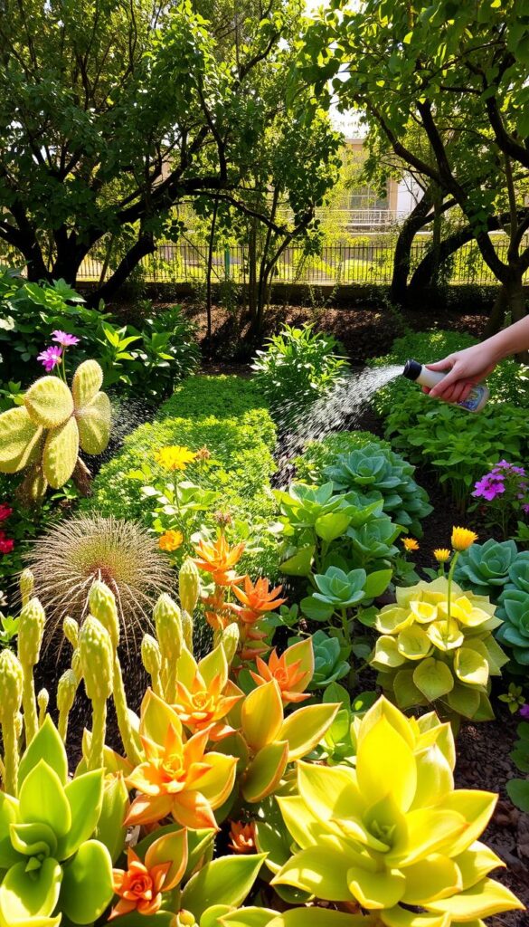 A lush, verdant garden scene with various plants and flowers, each receiving its own tailored watering regime. In the foreground, a variety of succulents and cacti are gently misted, their delicate leaves reflecting the warm, golden sunlight. In the middle ground, a thriving vegetable patch is carefully hand-watered, with the gardener's gentle movements carefully calibrated to each plant's needs. In the background, a canopy of leafy trees casts dappled shadows, their roots drawing deep, nourishing moisture from the soil. The overall atmosphere is one of harmony and balance, where each living organism is given the precise amount of water it requires to thrive in the hot, arid climate. A lush, verdant garden scene with various plants and flowers, each receiving its own tailored watering regime. In the foreground, a variety of succulents and cacti are gently misted, their delicate leaves reflecting the warm, golden sunlight. In the middle ground, a thriving vegetable patch is carefully hand-watered, with the gardener's gentle movements carefully calibrated to each plant's needs. In the background, a canopy of leafy trees casts dappled shadows, their roots drawing deep, nourishing moisture from the soil. The overall atmosphere is one of harmony and balance, where each living organism is given the precise amount of water it requires to thrive in the hot, arid climate.