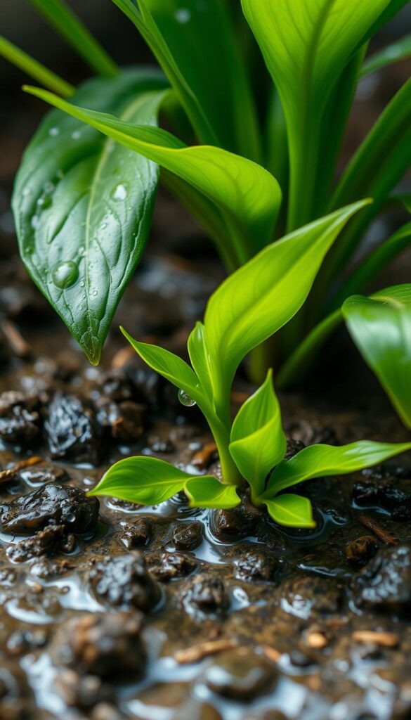 A lush, verdant plant struggling to recover from waterlogged soil, its vibrant green leaves slightly wilted and discolored. The scene is bathed in soft, diffused natural lighting that gently illuminates the delicate details - the glistening droplets on the foliage, the mottled texture of the damp earth. The plant appears to be in a state of precarious balance, teetering between survival and succumbing to the excess moisture. The composition places the afflicted plant at the center, with the background blurred to emphasize the subject's plight. This image conveys the critical nature of the situation and the need for attentive care to help the plant recuperate from the waterlogged conditions. A lush, verdant plant struggling to recover from waterlogged soil, its vibrant green leaves slightly wilted and discolored. The scene is bathed in soft, diffused natural lighting that gently illuminates the delicate details - the glistening droplets on the foliage, the mottled texture of the damp earth. The plant appears to be in a state of precarious balance, teetering between survival and succumbing to the excess moisture. The composition places the afflicted plant at the center, with the background blurred to emphasize the subject's plight. This image conveys the critical nature of the situation and the need for attentive care to help the plant recuperate from the waterlogged conditions.