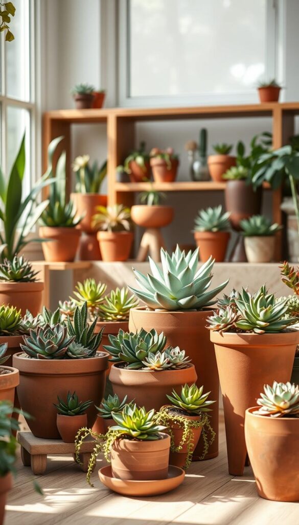 A lush, well-lit indoor scene showcasing a collection of terracotta succulent planters. The planters are arranged in a visually appealing and harmonious composition, some elevated on wooden shelves or decorative stands to create depth and visual interest. Vibrant, healthy succulents of various shapes, sizes, and colors spill out of the planters, their geometric forms and tactile textures contrasting beautifully with the warmth of the terra cotta. Soft, natural lighting filters in from a large window, casting gentle shadows and highlights that accentuate the planters' organic forms. The overall mood is serene, calming, and inviting, perfectly setting the stage for the "Preparing the ideal environment for watering" section of the article. A lush, well-lit indoor scene showcasing a collection of terracotta succulent planters. The planters are arranged in a visually appealing and harmonious composition, some elevated on wooden shelves or decorative stands to create depth and visual interest. Vibrant, healthy succulents of various shapes, sizes, and colors spill out of the planters, their geometric forms and tactile textures contrasting beautifully with the warmth of the terra cotta. Soft, natural lighting filters in from a large window, casting gentle shadows and highlights that accentuate the planters' organic forms. The overall mood is serene, calming, and inviting, perfectly setting the stage for the "Preparing the ideal environment for watering" section of the article.