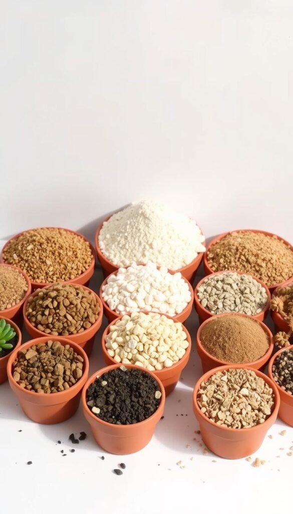 A neatly arranged assortment of various succulent potting mixes, including gritty, well-draining soil blends with perlite, vermiculite, and coarse sand. The substrates are presented in small terracotta pots, showcasing their natural earthy tones and textures, set against a plain, minimalist background that emphasizes their tactile qualities. Soft, directional lighting casts gentle shadows, highlighting the intricate patterns and shapes of the soil components. The overall scene conveys a sense of harmony and an understanding of the specific growing needs of these resilient, low-maintenance plants. A neatly arranged assortment of various succulent potting mixes, including gritty, well-draining soil blends with perlite, vermiculite, and coarse sand. The substrates are presented in small terracotta pots, showcasing their natural earthy tones and textures, set against a plain, minimalist background that emphasizes their tactile qualities. Soft, directional lighting casts gentle shadows, highlighting the intricate patterns and shapes of the soil components. The overall scene conveys a sense of harmony and an understanding of the specific growing needs of these resilient, low-maintenance plants.