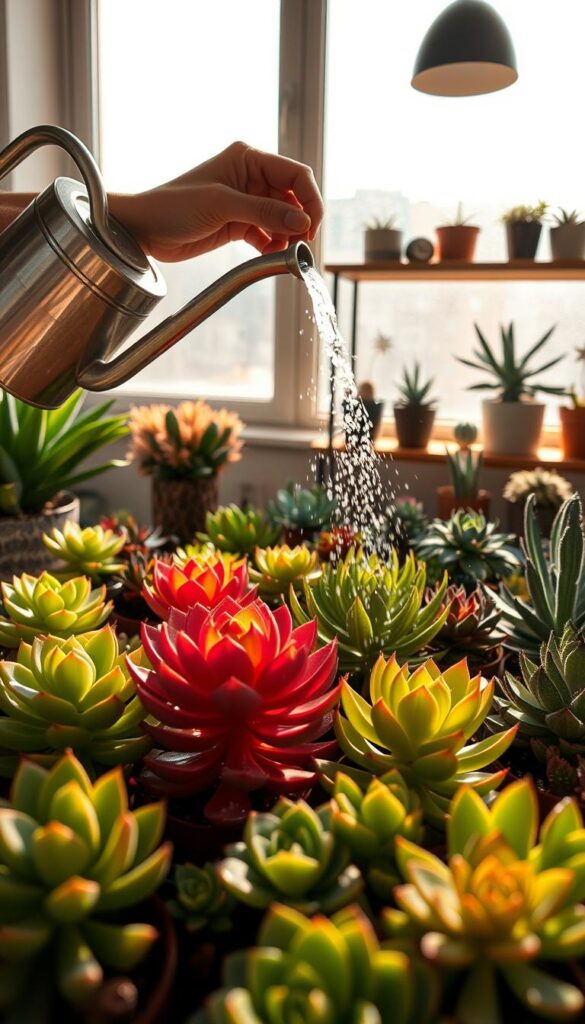 A neatly arranged succulent garden, bathed in warm, natural light filtering through a large window. In the foreground, a gardener's hand gently waters a cluster of vibrant, plump succulents using a long-spouted watering can, with a delicate, misting spray. The middle ground showcases a variety of succulents in various shapes and colors, their leaves glistening with droplets. In the background, a minimalist, wooden shelf displays more potted succulents, complemented by a few decorative elements. The scene exudes a sense of tranquility and care, capturing the essence of the "Guía práctica: Cómo regar suculentas" section. A neatly arranged succulent garden, bathed in warm, natural light filtering through a large window. In the foreground, a gardener's hand gently waters a cluster of vibrant, plump succulents using a long-spouted watering can, with a delicate, misting spray. The middle ground showcases a variety of succulents in various shapes and colors, their leaves glistening with droplets. In the background, a minimalist, wooden shelf displays more potted succulents, complemented by a few decorative elements. The scene exudes a sense of tranquility and care, capturing the essence of the "Guía práctica: Cómo regar suculentas" section.