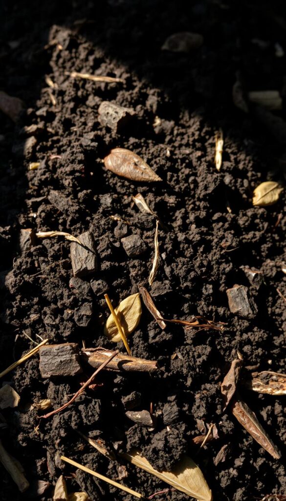 A richly textured close-up of a pile of organic, nutrient-dense compost, composed of dark, crumbly humus and partially decomposed plant matter. The compost is illuminated from the side, casting deep shadows that accentuate its varied textures and earthy tones. In the foreground, individual components like decaying leaves, straw, and bits of decaying wood are visible, while the middle ground blends into a cohesive, soil-like mass. The background is softly blurred, allowing the viewer to focus on the intricate details of the compost. The overall mood is one of natural abundance and the cycle of life, perfectly suited to illustrate the section on natural fertilizers for indoor plants. A richly textured close-up of a pile of organic, nutrient-dense compost, composed of dark, crumbly humus and partially decomposed plant matter. The compost is illuminated from the side, casting deep shadows that accentuate its varied textures and earthy tones. In the foreground, individual components like decaying leaves, straw, and bits of decaying wood are visible, while the middle ground blends into a cohesive, soil-like mass. The background is softly blurred, allowing the viewer to focus on the intricate details of the compost. The overall mood is one of natural abundance and the cycle of life, perfectly suited to illustrate the section on natural fertilizers for indoor plants.