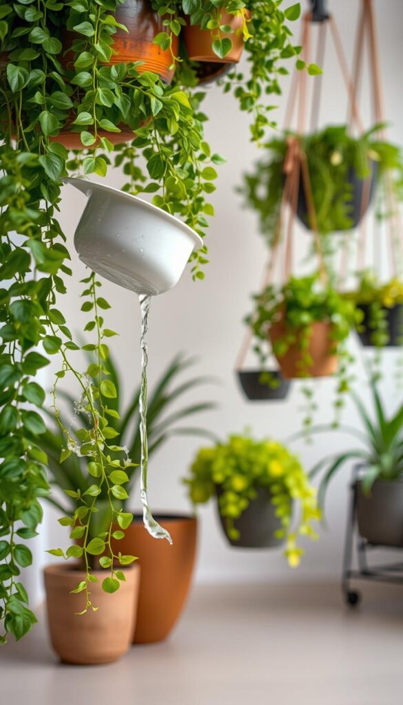 A suspended planter scene with lush, verdant foliage cascading down from hanging baskets. In the foreground, a close-up view showcases the intricate techniques of watering these elevated containers - a gently tilted vessel slowly dripping water onto the soil, nourishing the thriving plants. The middle ground features a collection of diverse hanging planters, their elegant designs accentuated by soft, diffused lighting. In the background, a serene, minimalist interior setting provides a calming backdrop, allowing the vibrant greenery to take center stage. The overall mood is one of tranquility and horticultural expertise, perfectly capturing the essence of essential watering techniques for suspended potted plants. A suspended planter scene with lush, verdant foliage cascading down from hanging baskets. In the foreground, a close-up view showcases the intricate techniques of watering these elevated containers - a gently tilted vessel slowly dripping water onto the soil, nourishing the thriving plants. The middle ground features a collection of diverse hanging planters, their elegant designs accentuated by soft, diffused lighting. In the background, a serene, minimalist interior setting provides a calming backdrop, allowing the vibrant greenery to take center stage. The overall mood is one of tranquility and horticultural expertise, perfectly capturing the essence of essential watering techniques for suspended potted plants.