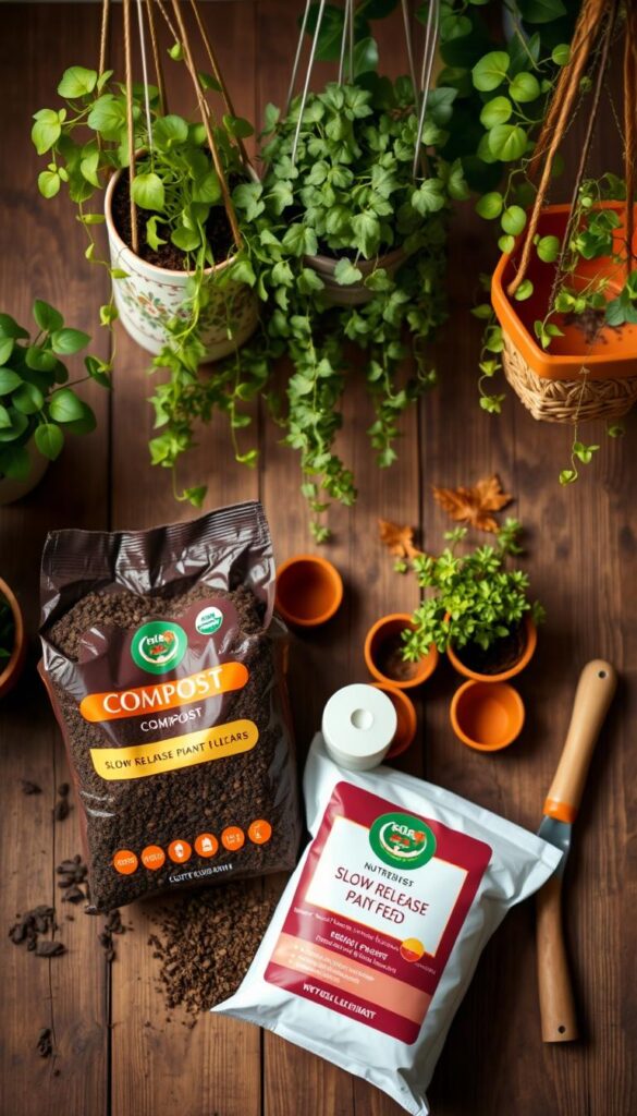A well-lit overhead shot of an assortment of potting soil, fertilizers, and garden tools arranged neatly on a wooden surface. In the foreground, a bag of nutrient-rich organic compost and a container of slow-release plant food. In the middle ground, several small terracotta pots and a trowel. In the background, a selection of decorative hanging planters, their lush, verdant foliage cascading down. Soft, warm lighting creates a natural, earthy atmosphere, highlighting the textures and colors of the various gardening materials. An image that visually conveys the essential components for the comprehensive care of hanging plants. A well-lit overhead shot of an assortment of potting soil, fertilizers, and garden tools arranged neatly on a wooden surface. In the foreground, a bag of nutrient-rich organic compost and a container of slow-release plant food. In the middle ground, several small terracotta pots and a trowel. In the background, a selection of decorative hanging planters, their lush, verdant foliage cascading down. Soft, warm lighting creates a natural, earthy atmosphere, highlighting the textures and colors of the various gardening materials. An image that visually conveys the essential components for the comprehensive care of hanging plants.