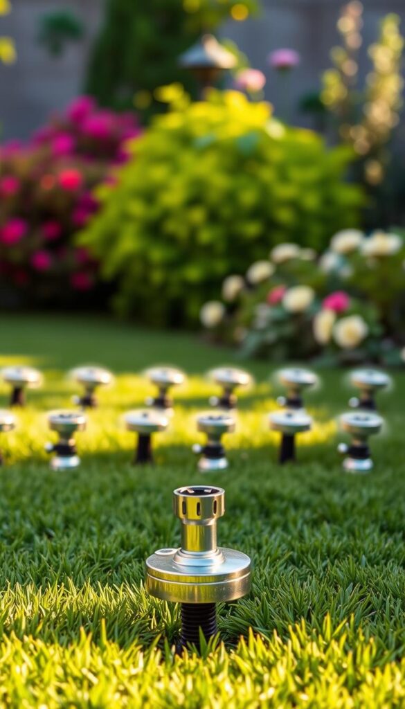 An adjustable sprinkler system for a small garden, with a modern, minimalist design. In the foreground, a sleek, chrome-finished sprinkler head emerges from the well-manicured lawn, its adjustable nozzle allowing for precise control of water coverage and direction. The middle ground features a neatly arranged array of similar sprinkler heads, creating a visually pleasing pattern. In the background, lush, vibrant greenery, including shrubs and flowers, creates a serene, natural setting. The scene is bathed in warm, soft lighting, creating a sense of tranquility and attention to detail. The overall composition conveys the ease and efficiency of a customizable irrigation system tailored for a small, beautifully maintained garden. An adjustable sprinkler system for a small garden, with a modern, minimalist design. In the foreground, a sleek, chrome-finished sprinkler head emerges from the well-manicured lawn, its adjustable nozzle allowing for precise control of water coverage and direction. The middle ground features a neatly arranged array of similar sprinkler heads, creating a visually pleasing pattern. In the background, lush, vibrant greenery, including shrubs and flowers, creates a serene, natural setting. The scene is bathed in warm, soft lighting, creating a sense of tranquility and attention to detail. The overall composition conveys the ease and efficiency of a customizable irrigation system tailored for a small, beautifully maintained garden.
