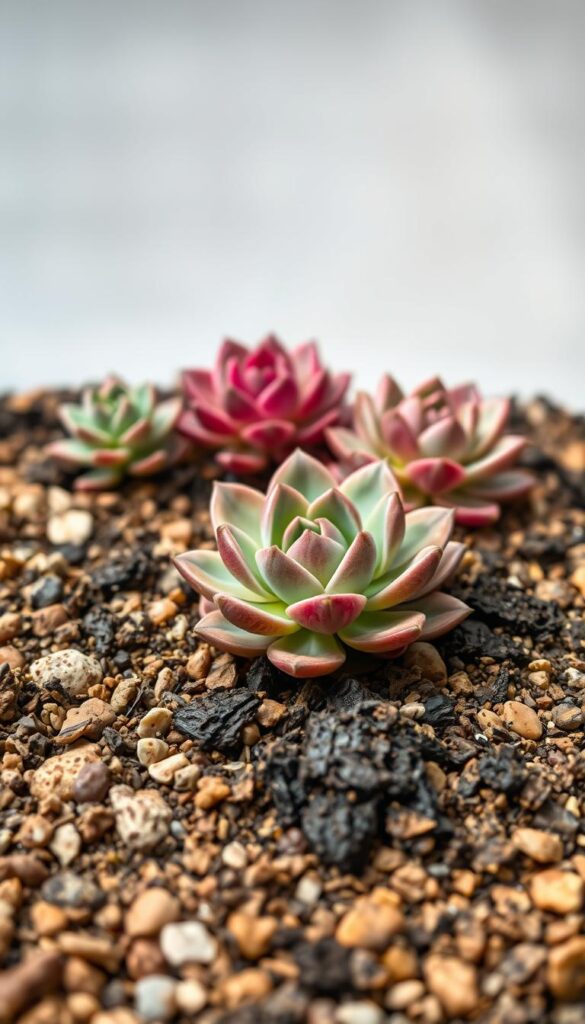 An idyllic potting mix for thriving succulents, with a perfect blend of well-draining mineral soil, coarse sand, and nutrient-rich organic matter. The foreground showcases the textural richness of the substrate, with visible pebbles, grit, and dark humus. In the middle ground, lush, plump succulent rosettes emerge, their vibrant colors and sculpted forms complementing the earthy tones. The background features a soft, diffused light, creating a sense of tranquility and emphasizing the harmonious relationship between the plants and their growing medium. Crisp, high-resolution photography captures the scene, highlighting the ideal conditions for cultivating healthy, resilient succulents. An idyllic potting mix for thriving succulents, with a perfect blend of well-draining mineral soil, coarse sand, and nutrient-rich organic matter. The foreground showcases the textural richness of the substrate, with visible pebbles, grit, and dark humus. In the middle ground, lush, plump succulent rosettes emerge, their vibrant colors and sculpted forms complementing the earthy tones. The background features a soft, diffused light, creating a sense of tranquility and emphasizing the harmonious relationship between the plants and their growing medium. Crisp, high-resolution photography captures the scene, highlighting the ideal conditions for cultivating healthy, resilient succulents.
