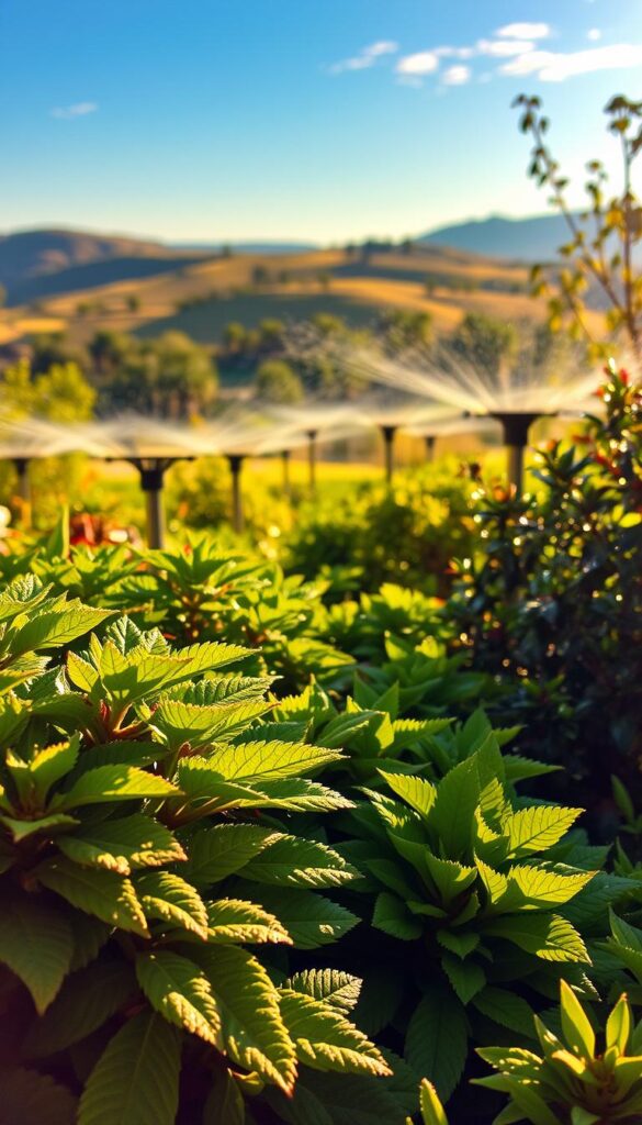Key factors for irrigation, showcasing a lush garden setting with a focus on the essential elements that contribute to effective watering practices in warm climates. The foreground depicts a diverse array of thriving plants, their leaves glistening with water droplets under the warm, golden sunlight. In the middle ground, a simple yet efficient irrigation system, with nozzles strategically placed to ensure even distribution of water. The background features a tranquil, picturesque landscape, with rolling hills and a clear blue sky, creating a serene and inviting atmosphere. The overall composition conveys a sense of balance and harmony between nature, technology, and the optimal conditions for maintaining healthy, vibrant vegetation in a warm-weather environment. Key factors for irrigation, showcasing a lush garden setting with a focus on the essential elements that contribute to effective watering practices in warm climates. The foreground depicts a diverse array of thriving plants, their leaves glistening with water droplets under the warm, golden sunlight. In the middle ground, a simple yet efficient irrigation system, with nozzles strategically placed to ensure even distribution of water. The background features a tranquil, picturesque landscape, with rolling hills and a clear blue sky, creating a serene and inviting atmosphere. The overall composition conveys a sense of balance and harmony between nature, technology, and the optimal conditions for maintaining healthy, vibrant vegetation in a warm-weather environment.