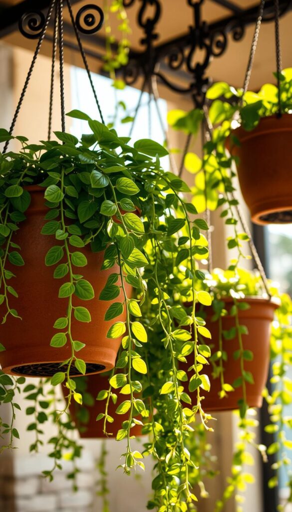 Lush, verdant hanging planters suspended from ornate wrought-iron hooks, their soil gently glistening with moisture. Sunlight filters through the trailing foliage, casting a warm, natural glow. A close-up view showcases the delicate texture of the plant leaves and the intricate patterns of the terra cotta pots. The scene exudes a sense of tranquility and effortless care, reflecting the careful attention required to maintain the ideal humidity levels for thriving hanging garden displays. Lush, verdant hanging planters suspended from ornate wrought-iron hooks, their soil gently glistening with moisture. Sunlight filters through the trailing foliage, casting a warm, natural glow. A close-up view showcases the delicate texture of the plant leaves and the intricate patterns of the terra cotta pots. The scene exudes a sense of tranquility and effortless care, reflecting the careful attention required to maintain the ideal humidity levels for thriving hanging garden displays.