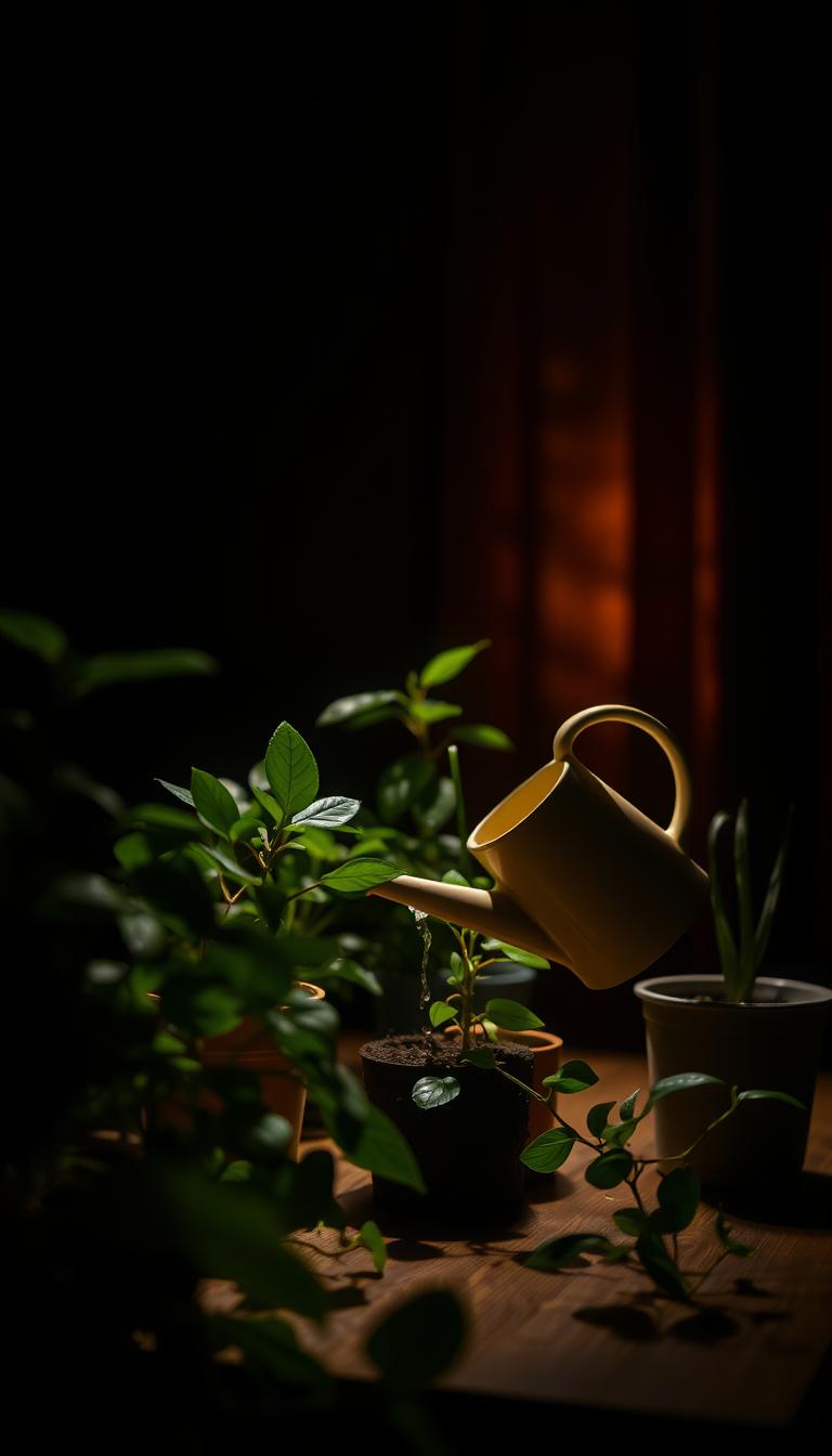 Riego de plantas en interiores oscuros