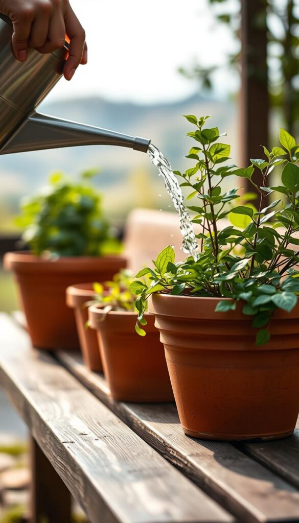 Sustainable watering in recycled planters. A serene, well-lit scene showcases a collection of terracotta pots filled with lush greenery. The foreground features a close-up of a hand gently watering a thriving plant, utilizing a long-spouted watering can to ensure efficient, targeted hydration. In the middle ground, additional planters of varying sizes sit atop a wooden bench, their plants swaying gently in a soft breeze. The background depicts a tranquil outdoor setting, with a blurred natural landscape providing a calming, earth-toned backdrop. The lighting is soft and diffused, accentuating the natural textures and hues of the scene. An aura of sustainability and mindful gardening permeates the image, embodying the principles of responsible water management in container-based horticulture. Sustainable watering in recycled planters. A serene, well-lit scene showcases a collection of terracotta pots filled with lush greenery. The foreground features a close-up of a hand gently watering a thriving plant, utilizing a long-spouted watering can to ensure efficient, targeted hydration. In the middle ground, additional planters of varying sizes sit atop a wooden bench, their plants swaying gently in a soft breeze. The background depicts a tranquil outdoor setting, with a blurred natural landscape providing a calming, earth-toned backdrop. The lighting is soft and diffused, accentuating the natural textures and hues of the scene. An aura of sustainability and mindful gardening permeates the image, embodying the principles of responsible water management in container-based horticulture.